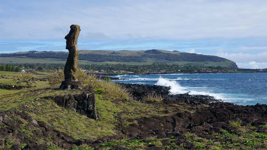 Aerial view of Easter Island with Moai statues