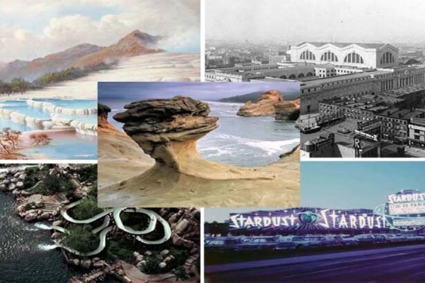 Vintage artistic rendering illustrating legendary lost travel destinations and submerged ancient ruins