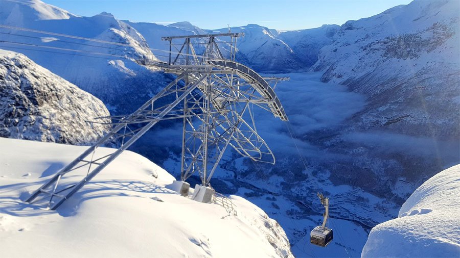 The Loen Skylift cable car ascending a steep mountain cliff overlooking the blue Nordfjord in Norway