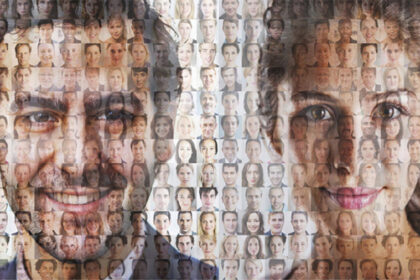 A close-up split composition of human faces showing various facial expressions and structural features, illustrating facial perception science.