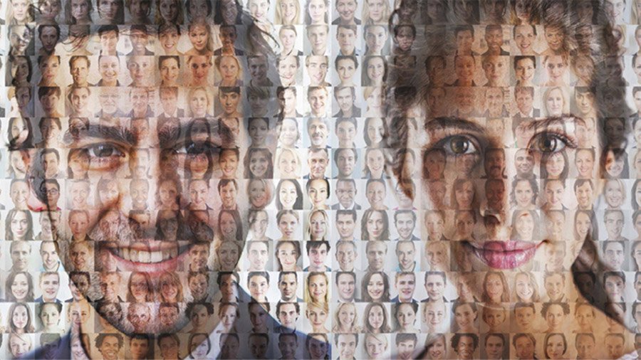 A close-up split composition of human faces showing various facial expressions and structural features, illustrating facial perception science.