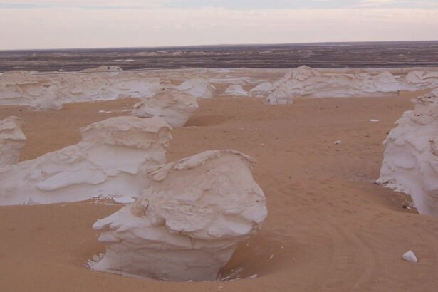 A breathtaking photo of white chalk rock formations rising like giant stone mushrooms from the pale sand in Sahara El Beyda under a bright blue sky.