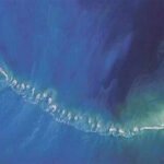 Satellite view of Adam's Bridge, a chain of limestone shoals connecting India and Sri Lanka across the Palk Strait