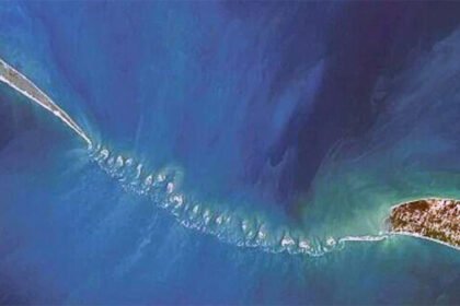 Satellite view of Adam's Bridge, a chain of limestone shoals connecting India and Sri Lanka across the Palk Strait