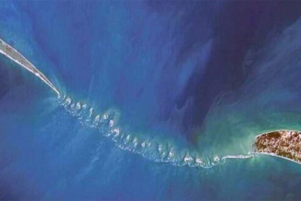 Satellite view of Adam's Bridge, a chain of limestone shoals connecting India and Sri Lanka across the Palk Strait