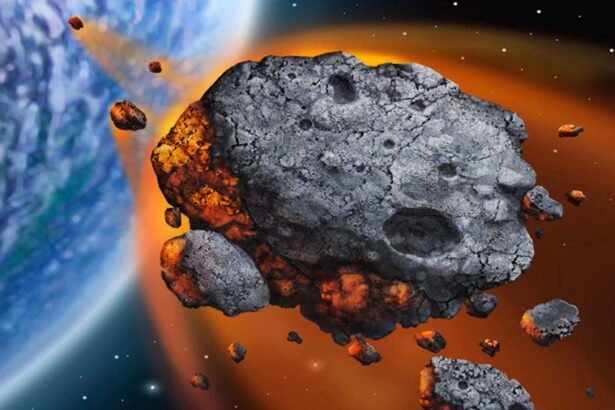 A dark fusion-crusted meteorite specimen displayed on a white laboratory surface under scientific lighting.