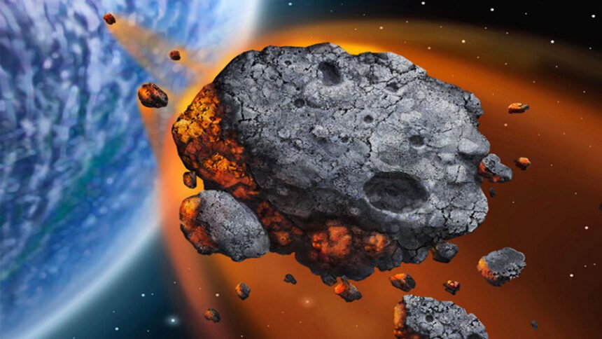A dark fusion-crusted meteorite specimen displayed on a white laboratory surface under scientific lighting.