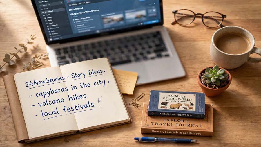 Behind the scenes at 24NewStories.eu - Notebook with story ideas capybaras, volcano hikes, local festivals and travel books
